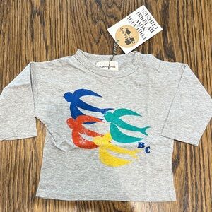 Bobo Choses Gray Long Sleeve Tee with Colorful Bird Print